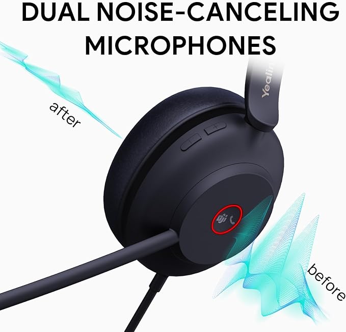 Yealink UH37 USB Headset with Microphone for PC Stereo Headphones with Noise Cancelling Microphone for Computer Laptop On-Ear Wired Teams Headset for Office Call Center USB-C/A