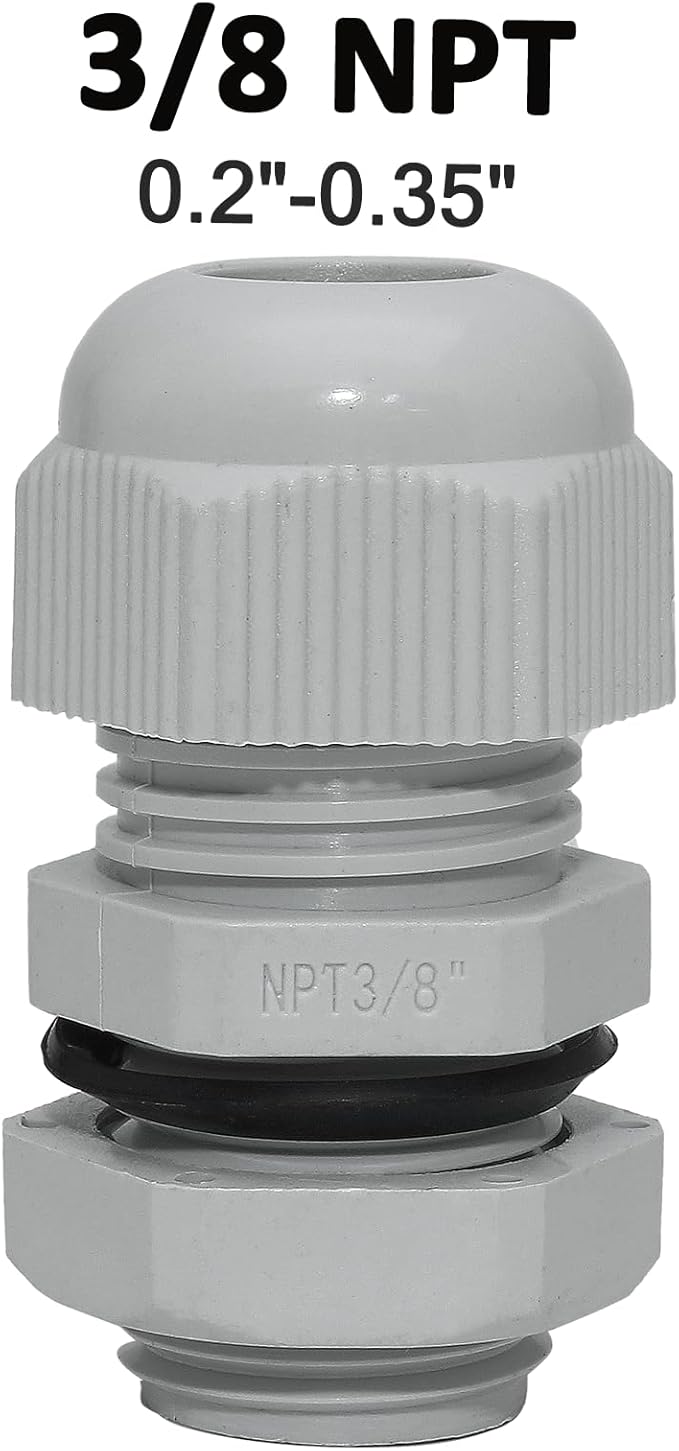 Bonsicoky 20 Pcs 3/8" NPT Nylon Cable Glands, IP68 Waterproof Adjustable Cord Grip Cable Connector Strain Relief Wire Protectors for 5-9mm Cable Diameter, Grey