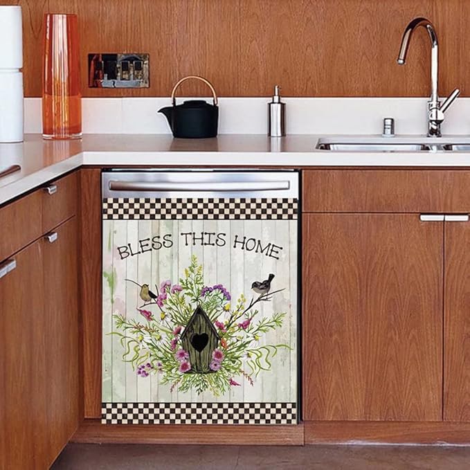 Bless This Home Dishwasher Magnet Vinyl Panel Fridge Decal,Flower Birds Dish Washer Cover Refrigerator Magnetic,Kitchen Decor Sticker Home Appliance Magnets 23"x17"