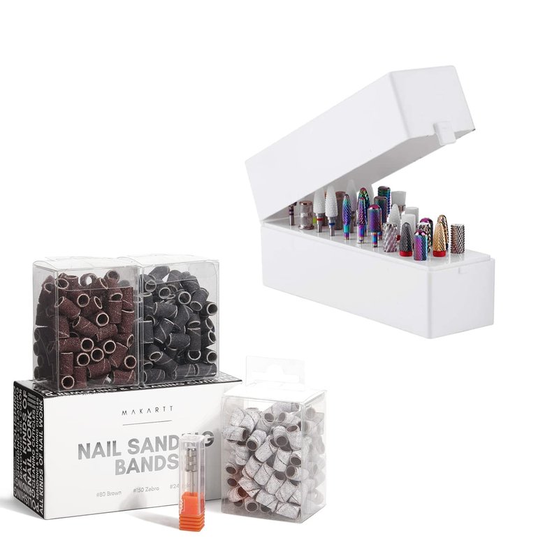Nail Drill Bits - 300 Pcs Sanding Bands Set with Dustproof Holder | Grits #80, #150, #240