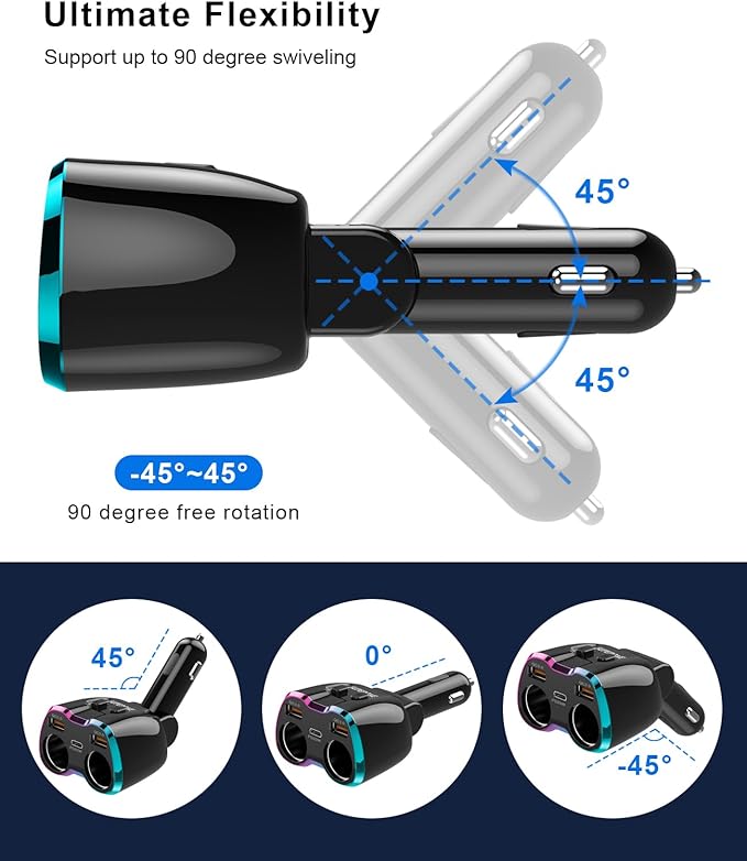 2026 Upgraded Cigarette Lighter Splitter, SUPERONE 180W 2-Socket Cigarette Lighter Adapter with Dual QC3.0 and 20W PD USB C Car Charger Splitter for GPS/Dash Cam/Laptop/iPad/iPhone 17/16/15/14/13/12