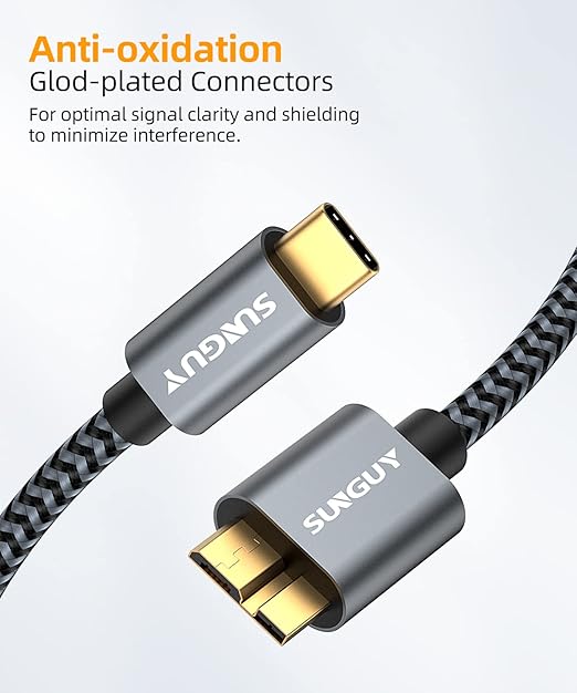 SUNGUY 10Gbps Micro B to USB C Hard Drive Cable, USB 3.1 USB C to Micro B, High-Speed External Hard Drive USB C Cable for iPhone 15, MacBook Pro/Air, iPad, WD Toshiba Westgate Seagate, 1FT, 5, Grey