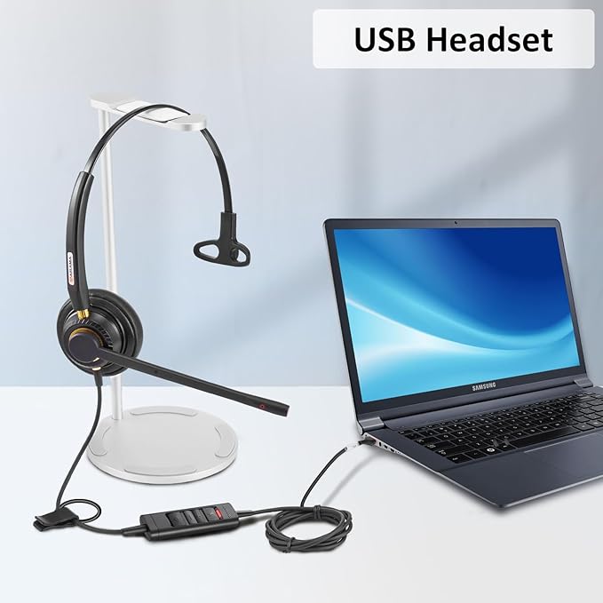 Arama USB Headset with Microphone for PC, Noise Cancelling & Audio Controls Ultra Comfort USB Headphone for Computer Laptop Pc Business Skype UC Webinar Call Center Office