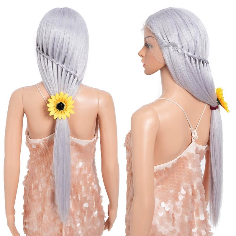 Style Icon 32-Inch Long Straight Wig Mid-Part Lace Front Silky Smooth Synthetic Silver White Purple Color Wig