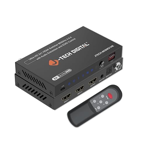 J-Tech Digital 8K HDMI Switch 2 in 1 Out 8K@60Hz 4K@120Hz 1080P@240Hz, HDMI Audio Extraction to Optical & 3.5mm, HDR HDCP 2.3 EDID Control, Compatible with PS5 PS4 Xbox Switch Apple TV Roku Fire TV