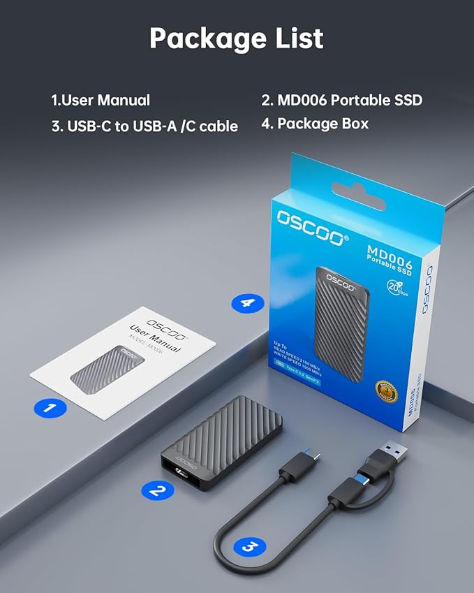 OSCOO 2TB Portable SSD – USB 3.2 Gen 2x2 External Solid State Drive, Up to 2000MB/s, Dual USB-C & USB-A, Compatible with Smartphones, Laptops, Tablets, Smart TVs, Cameras, Game Consoles
