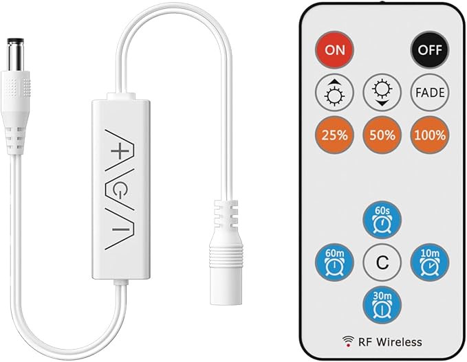 GINGSOW 13Keys LED Dimmer, Wireless RF Remote Control and 3Keys Receiver with DC Jack RF Dimmer with Timer Function for DC12V-24V Single Color COB/3528/2835/5050 LED Strip Lights
