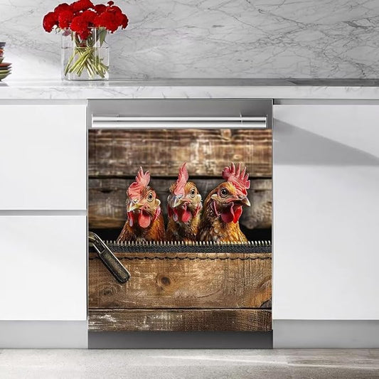 Wood Board and Rooster Pattern Dishwasher Magnet Cover Sticker Magnetic Refrigerator Panel Sticker Decorative Front Door Decal 23W x 26H inchs
