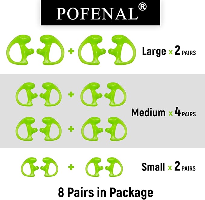 POFENAL Silicone Replacement Earmold for Motorola/Baofeng/Retavis Radios - Police Walkie Talkie & Law Enforcement Soft Earpiece Inserts (8 Pair, Green - 2L/4M/2S)