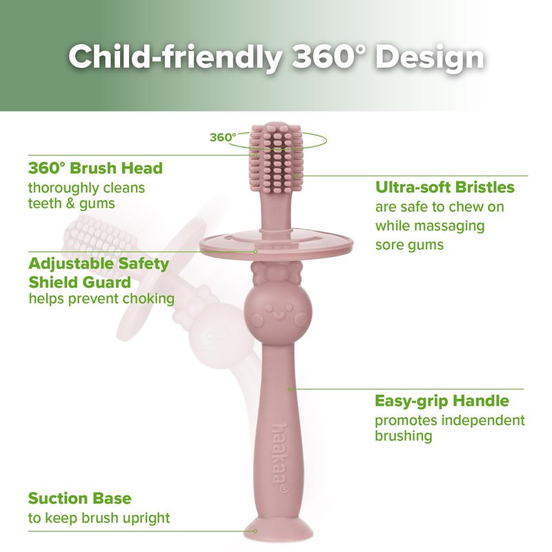 haakaa 360° Silicone Baby Toothbrush, Soft Infant First Brush, Tongue, Gum & Teeth Cleaner for 6M+, BPA-Free with Safety Shield and Suction Base - Blush (1 Piece)