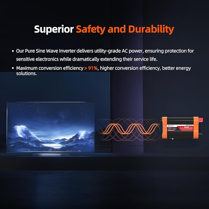 BELTTT 1000Watt Pure Sine Wave Inverter 12V DC to 120V AC for RV, Truck, Off-Grid, Solar Inverter 12V to 110V Converter with Dual AC Socket and 5V 2.1A USB, Power Inverter, Intelligent LCD, 2000W Peak
