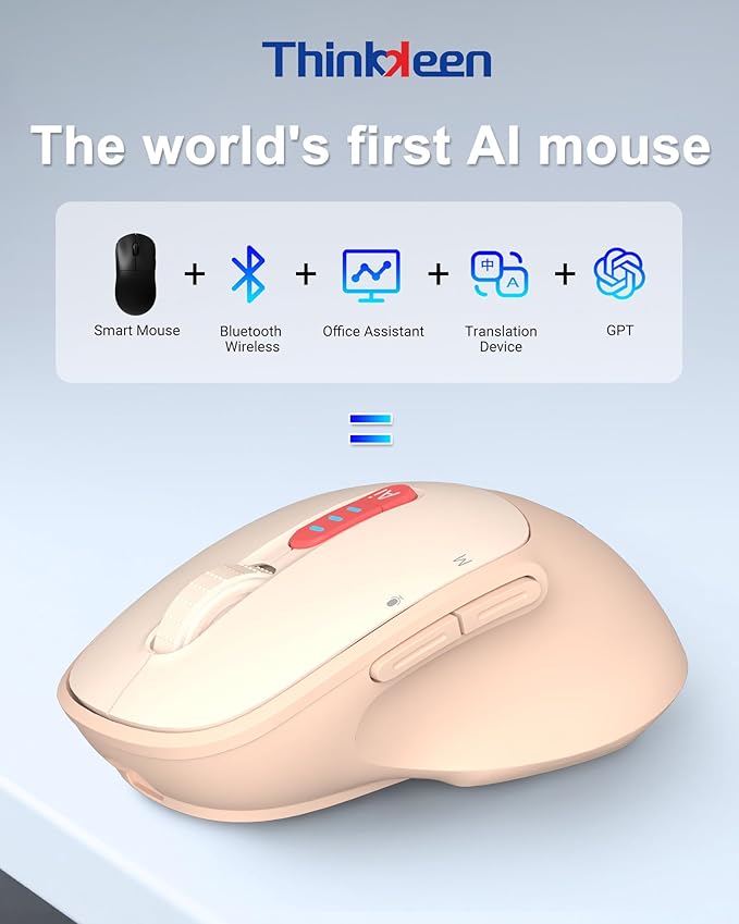 THINKKEEN AI Mouse, Bluetooth Wireless Mouse with Voice Input Search, Voice and Word Translation, Form Document Output, Code Generation, AI Writing, AI Drawing, Rechargeable, for Windows, macOS(Pink)