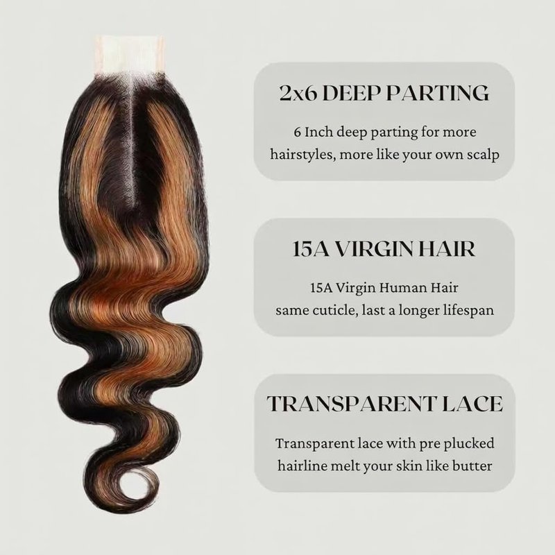 BQRIH #F1B/30 Brown Highlighted 2x6 HD Closure Only Body Wave Human Hair 12 Inch, 15A Salon Grade 100% Virgin Deep Part Ombre Honey Brown Highlight 2by6 Kim K Lace Closure Pre Plucked For Women Sew In