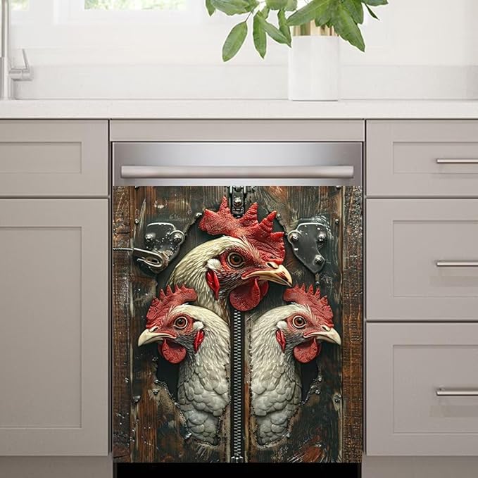 Wood Board and Rooster Painting Dishwasher Magnet Cover,Fridge,Refrigerator Magnetic Panel Decals,Home Appliances Cabinet Magnets Sticker 23W x 26H inchs