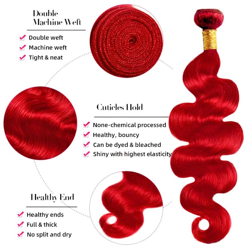 Red Body Wave Human Hair Extensions - 16, 18, 20 Inch Bundles | Unprocessed Brazilian Virgin Hair, 50g Each