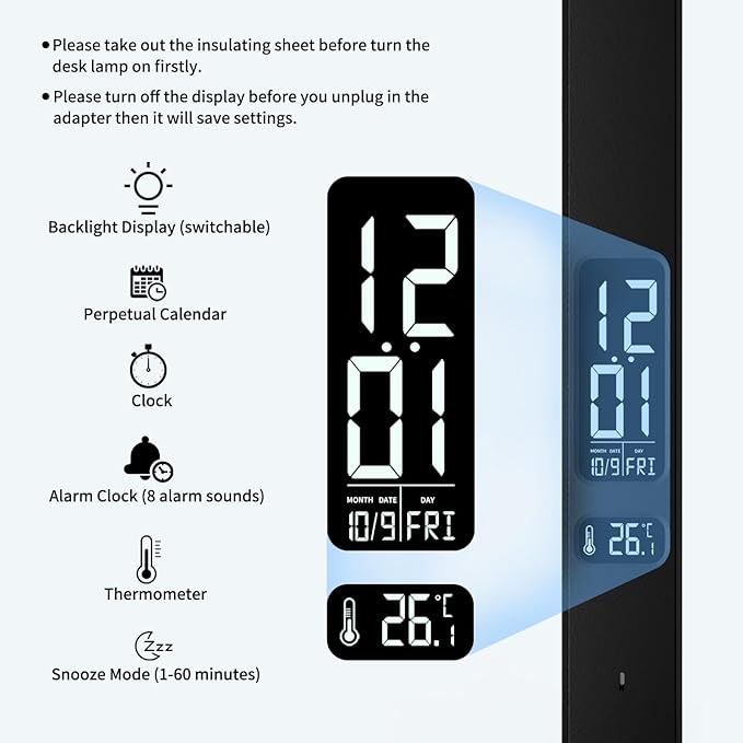 oviouit LED Desk Lamp with Charger, USB Charging Port, Dual Swing Arm Desk Light with 5 Brightness, 3 Colors, Table Lamp with Clock, Alarm, Date, Temperature, Desk Lamp for Home Office Study (Black)