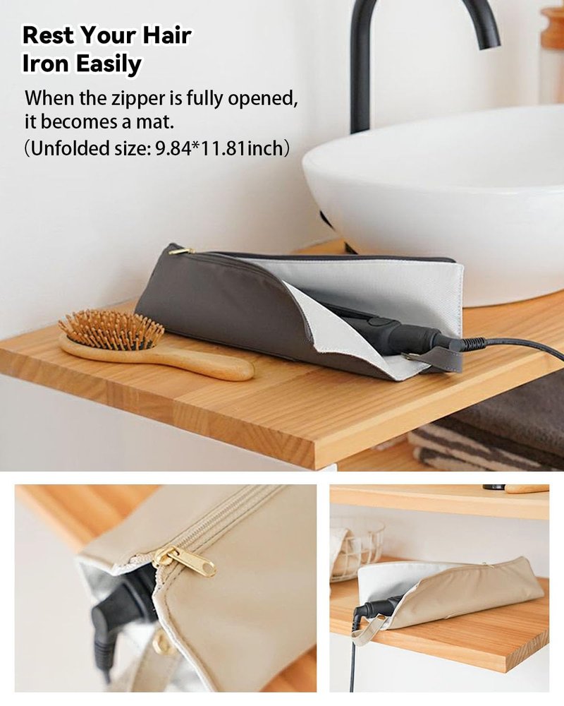 Easy-U Holder & Mat for Curling Iron Flat Iron, Heat Resistant Hot Hair Tool Travel Bag Case (pink&beige)