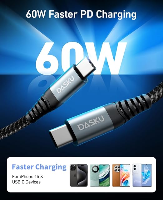 USB C to USB C Cable, 2Pack 10FT 60W(3.1A) Nylon Braided Charger Cable for for iPhone 17/16/16e/16 Plus/16 Pro Max/15/15 Plus/15 Pro Max, iPad Pro Air,Samsung S24/S24 Ultra/S23 USBC Charger