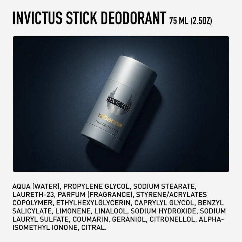 Rabanne Invictus Deodorant Stick for Men - Woody Aquatic Scent with Long Lasting Protection - Vibrant Sensual Body Spray Deodorant from Paris - Champion's All-Day Freshness, 2.5 oz