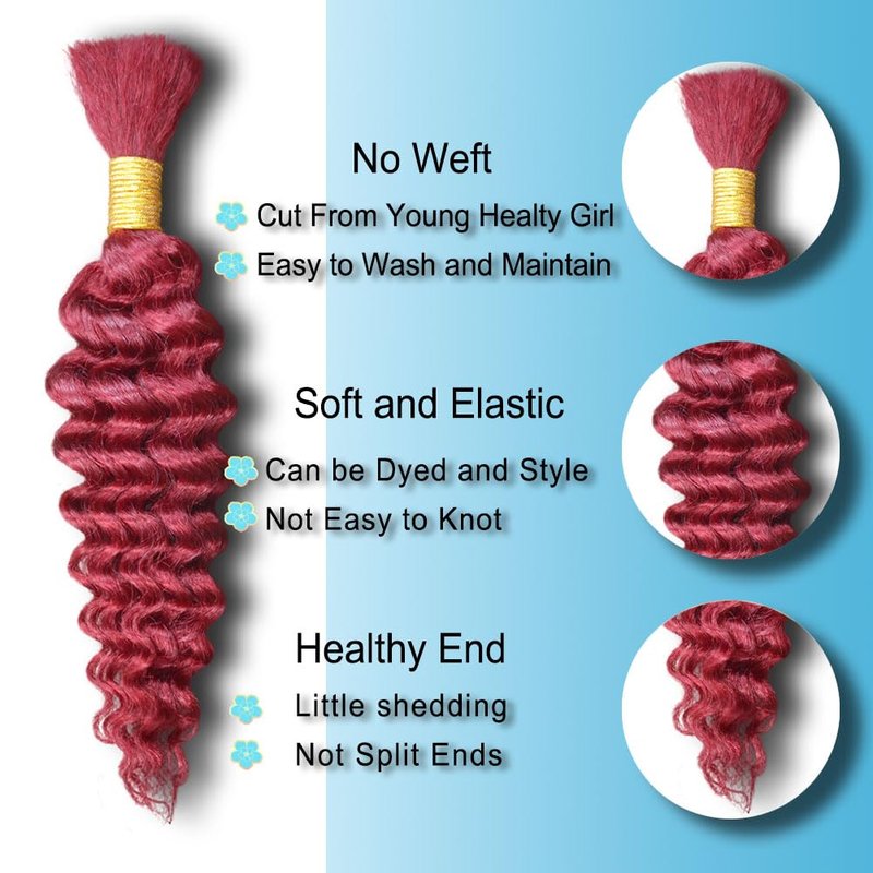 Deep Curly Wave Bulk Human Hair - 99J Burgundy 50g Unprocessed Brazilian Virgin for Boho Braids | Wet & Wavy