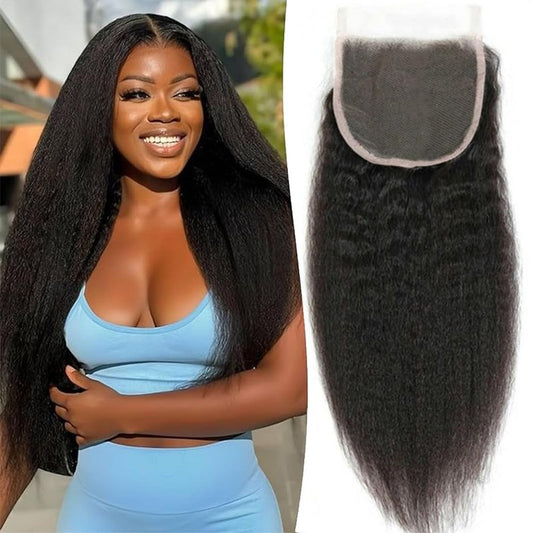 QTHAIR 18A Kinky Straight Lace Closure (14inch) 4x4 Free Part 150% Density Top Swiss Lace Natural Straight Human Hair Closure with Baby Hair
