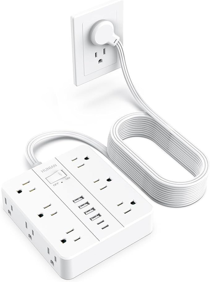Flat Plug Power Strip, Flat Extension Cord Indoor 20 Feet, HUNIAN 12 Widely Spaced Outlets with 6 USB (2 USB C Ports), Desk Charging Station for Home Office Supplies, White