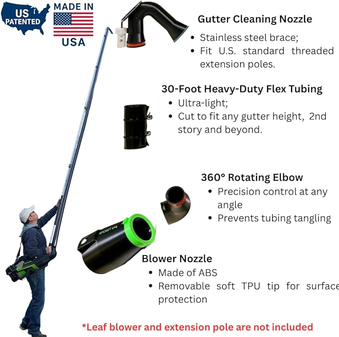 ArloCatcher 30-Foot Gutter Cleaning Kit for Greenworks Leaf Blower 760, 730, 700(60V), 610, 585, 550, 515 and 500 â Two-Story Gutter Cleaning Tools from Ground, No Ladder, Extension Pole Not Included