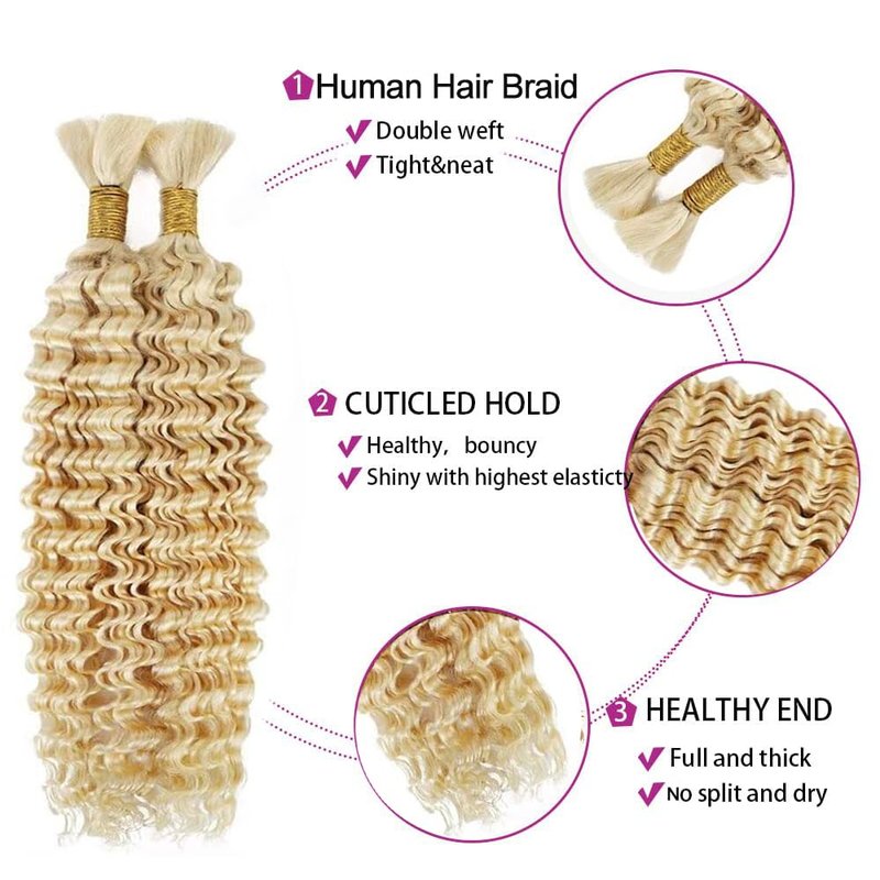 #613 Blonde Human Braiding Hair Deep Wave Bulk 20 20 20 Inch Honey Blonde Deep Wave Braids Human Hair Extensions Unprocessed Virgin Remy Hair 3 Bundle 50 Gram Per Bundle