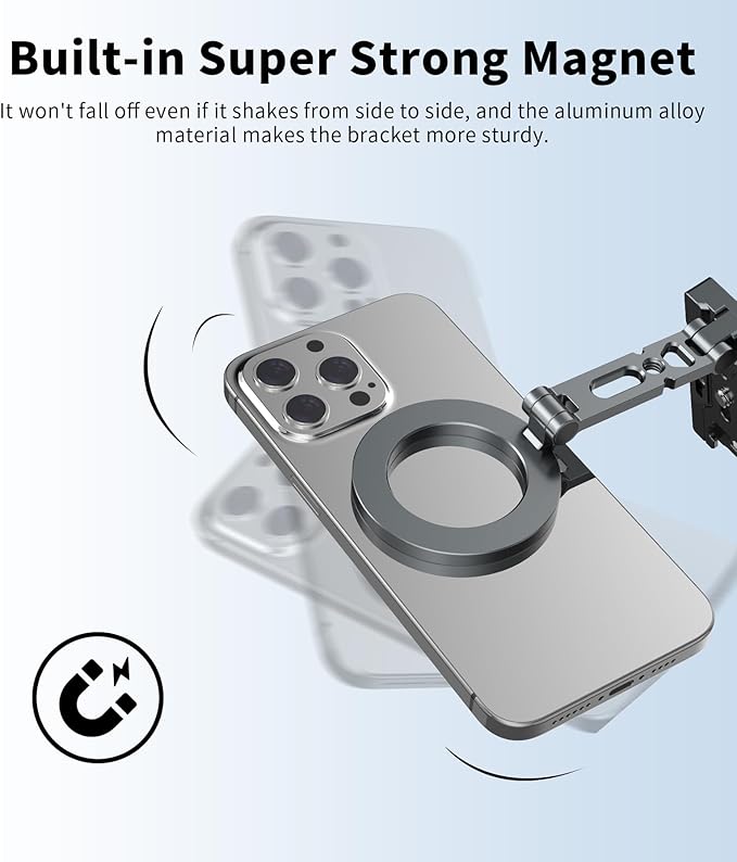 Magnetic Phone Tripod Mount Adapter for MagSafe, Aluminum Foldable Phone Holder with Arca-Swiss & 1/4" Screw Hole, Cold Shoe Mount for Camera, Pocket Mini Selfie Stick Tripod Mount for iPhone/Android