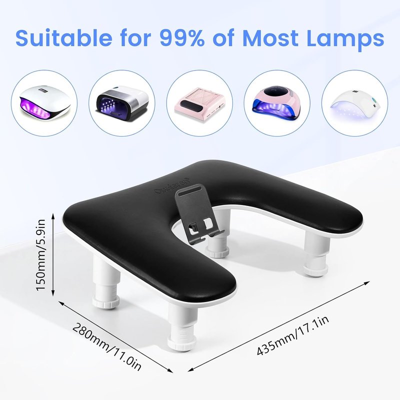 Manicure Nail Arm Rest - 3rd Gen Adjustable U-Shaped Hand Pillow with Rotating Phone Stand | Black