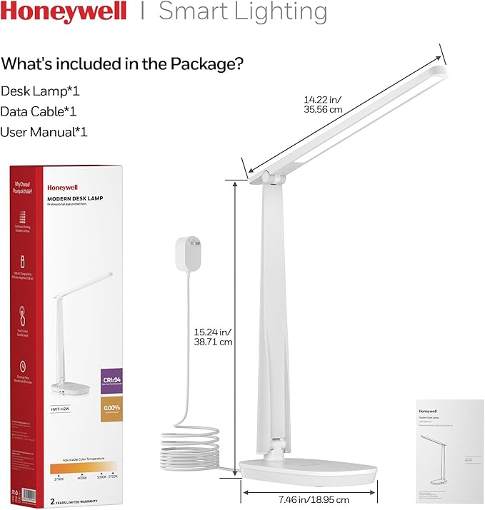 Honeywell LED Desk Lamp for Home Office, Eye-Caring Dimmable Reading Light with 4 Color Modes, Touch Control, USB-A & USB-C Charging Ports, Adjustable Head, Timer for Bedroom & Small Desks