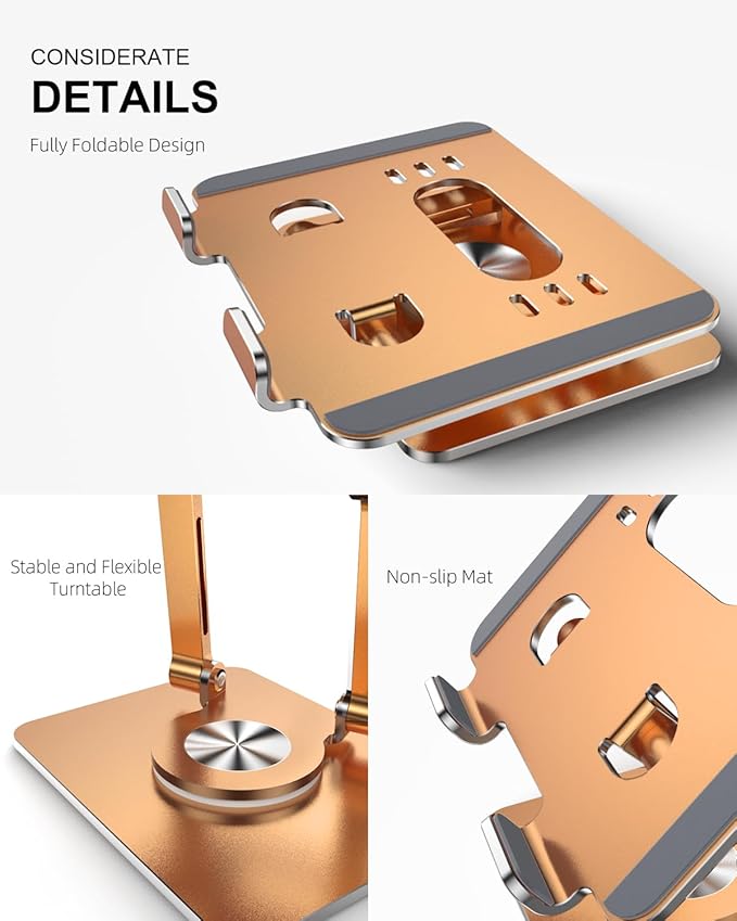 Orlian Tablet Stand Holder with Thickened 360°Rotating Base Dual Rod Adjustable Aluminum Stand for All 5.8-12.9” iPad Samsung Phone Tablet Kindle E-Reader and More, Gold
