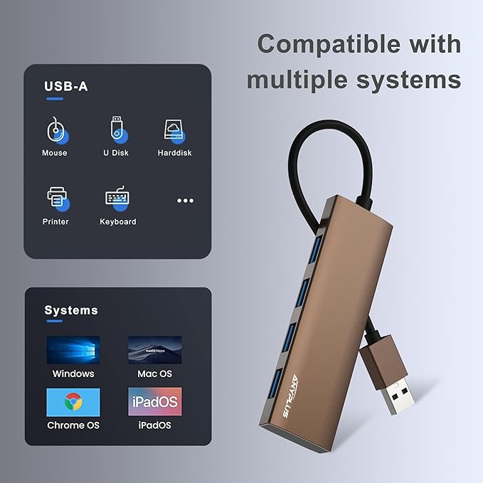 ANYPLUS USB Hub, USB 3.0 Hub Aluminum Alloy Ultra Slim USB Splitter, Portable 4 Port USB Extender, USB Hub for Laptop, PC, MacBook, iMac, Surface Pro, Mac Pro, Flash Drive, XPS【Brown】