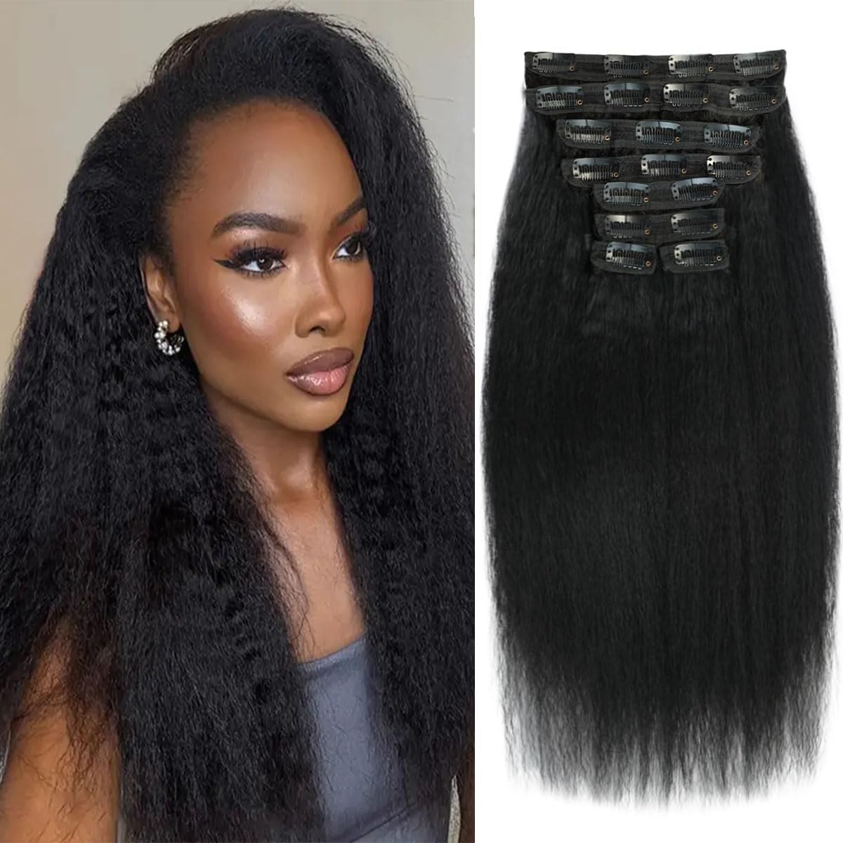 Kinky Straight Clip in Hair Extensions Real Human Hair 8pcs 20Clips Yaki Straight Clip Ins 16Inch 110g Full Head Hair Extensions Brazilian Remy Hair Double Weft Natural Black