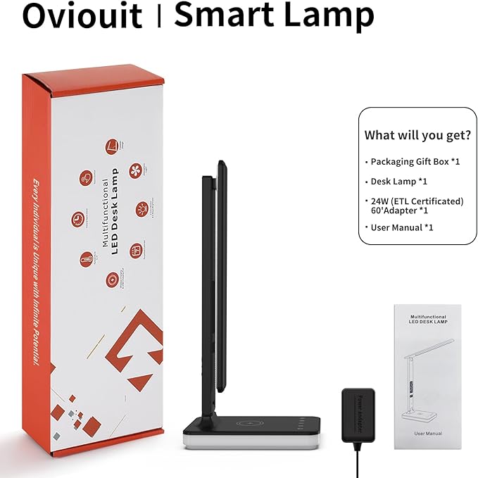 oviouit LED Desk Lamp for Home Office, USB Charging Port, Reading Lamp Desk Light with 5 Brightness, 3 Colors, Table Lamp with Clock, Alarm, Date, Temperature, Desk Lamp for College Dorm Room (Black)