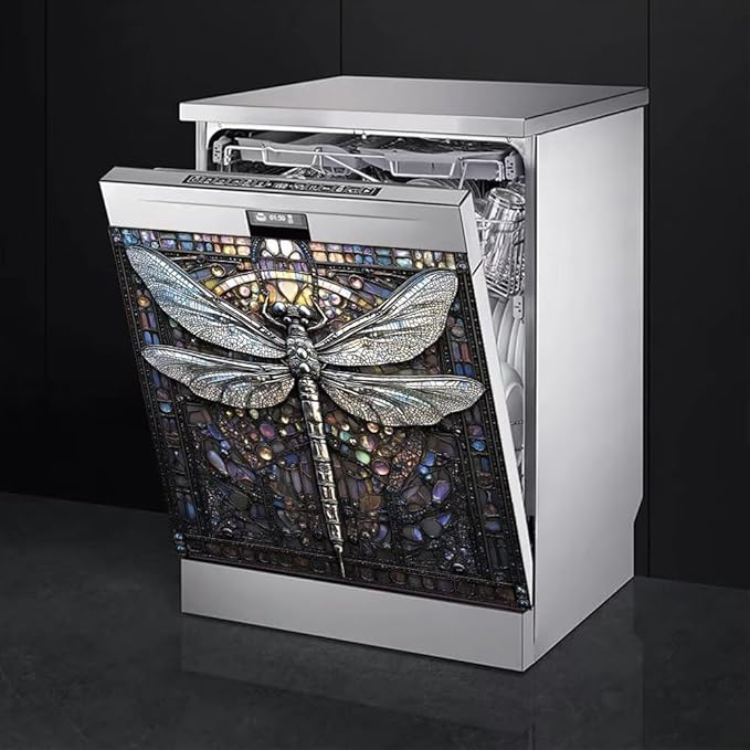 Retro Dragonfly Dishwasher Magnet Cover, Modern Art Deco Fridge Panel Magnetic Decal Home Kitchen Decor, Reusable Dishwasher Covers,23 x 26 inch