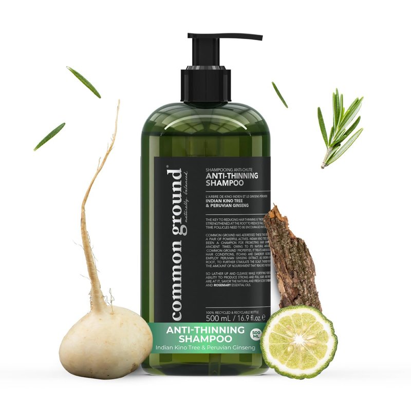 Common Ground Natural Anti-Thinning Shampoo, Sulphate, Paraben & Cruelty Free, Vegan, Plant-Based, Bergamot & Rosemary Scent, Kino Tree & Ginseng DHT Blockers, for All Hair Types, Men & Women