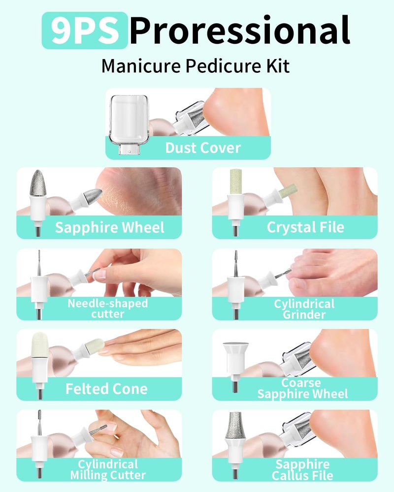 Manicure Pedicure Kit for Women, Professional Nail Grinder for Senior Thick Toenail, Cordless Electric Nail File, 5 Speeds Pedicure Tools for feet Callus Remover, Nail Drill for Women Hand Feet Care