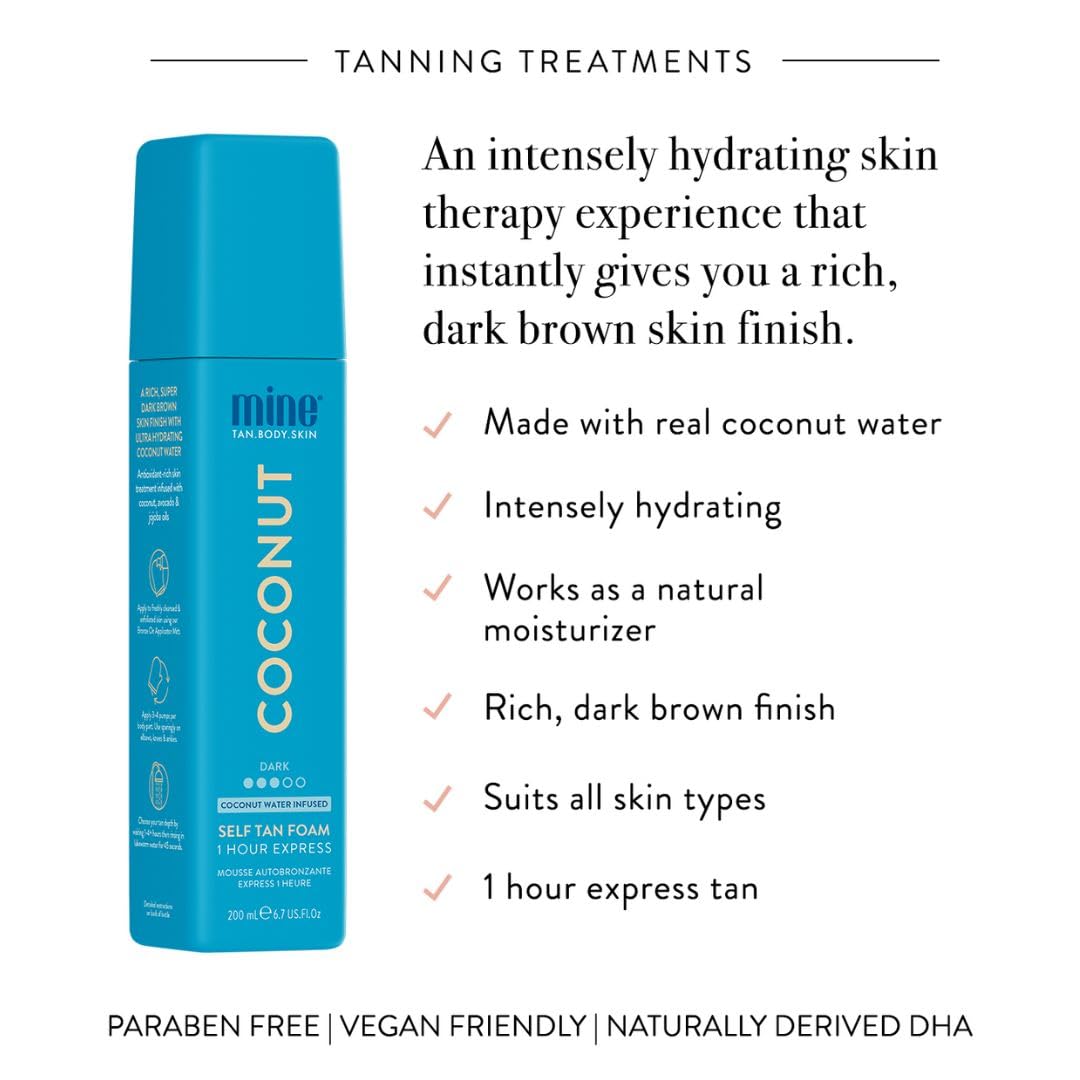 Minetan Self Tan Foam | Coconut - 1 Hour Express, Best Sunless Tanning Mousse for a Dark Bronze Skin Finish, Face & Body Fake Tanner, Ultra Hydrating Glow, Vegan & Paraben Free, 6.7 Fl Oz