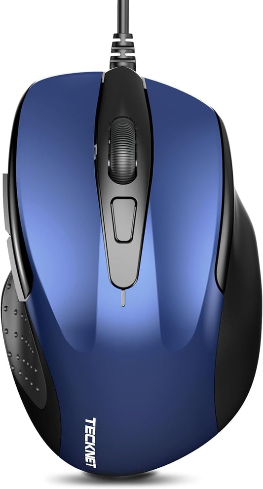 TECKNET USB Wired Mouse, 6-Button Corded Mouse with 2 Adjustable DPI, Optical Computer Mouse with Ergonomic Design and 5FT Cord for Laptop, Chromebook, PC, Desktop, Mac, Notebook-Blue
