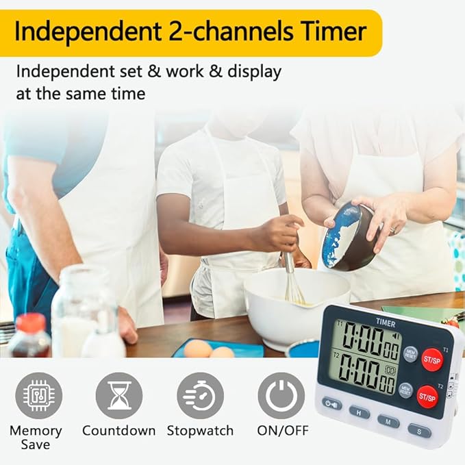 MOSTRUST Digital Dual Kitchen Timer, 2 Groups Cycle Countdown Timer, ON/Off Memory Function, Loud Volume Flashing Light Alarm with Magnetic Back, Stand, Battery Included