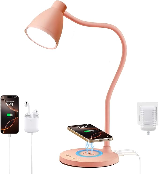 BOHON Cute Pink Aluminum Desk Lamp with USB C+A Charging Ports, Wireless Charger, 5 Colors Stepless Dimming, Touch Control, Memory Function, LED Light for Home Office College Dorm Room