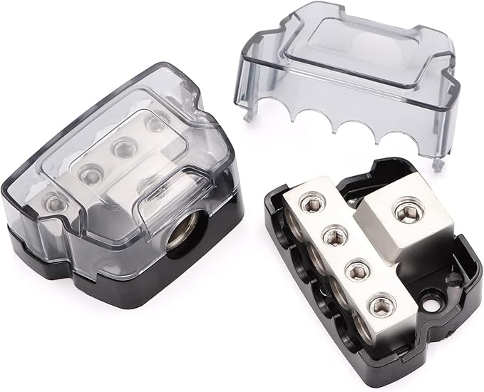 TuoLauthon 4 Way Power Distribution Block 1x 0/2/4 Gauge in 4X 4/8/10 Gauge Out Nickel Plated Car Audio Splitter Amp Distribution Connecting Block,2Pcs