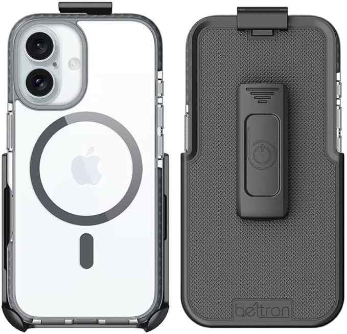 BELTRON Belt Case for iPhone 16 Plus, Slim Protective Transparent Case & Rotating Belt Clip Holster Combo (Compatible with MagSafe)