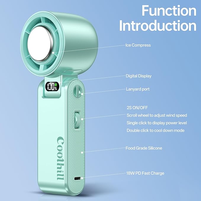 Coolhill Pro Handheld Portable Fan with Ice Cooler: 199-Speed 5500mAh Rechargeable Handheld Fan, 12H Time Hand Cooling Personal Fans with 20000 RPM Air Turbo Tech for Travel Outdoor (Green)