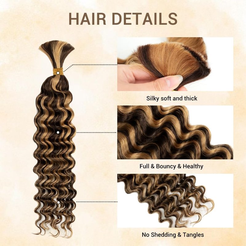 Human Braiding Hair for Boho Knotless Braids 1 Bundle 18 Inches 50g Deep Wave Bulk Human Hair for Braiding Hair Wet and Wavy 10A Brazilian Virgin Human Hair Balayage Brown to Blonde 4P27
