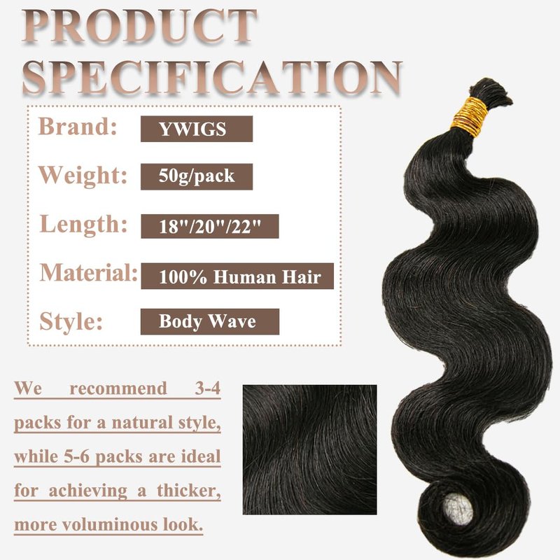 YWIGS Body Wave Human Braiding Hair for Boho Braids 50G No Weft Virgin Human Hair Bulk Human Hair for Braiding 20inch