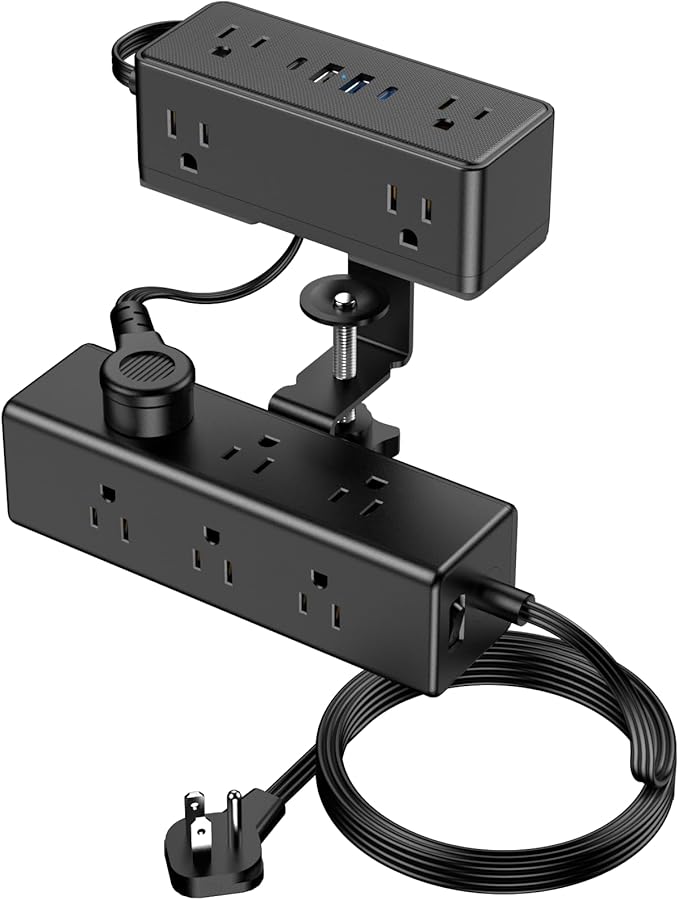 Dual Layer Desk Clamp Power Strip, Desktop Edge Mount Surge Protector with 15 AC Outlets & 4 USB Ports(20W USB-C), Ultra Thin Flat Plug & 10FT Power Cord for Office Home(ETL Listed)