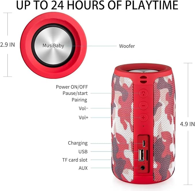 Musibaby M68 Bluetooth Speaker, 12W, IPX5, FM, USB AUX, Camo Red