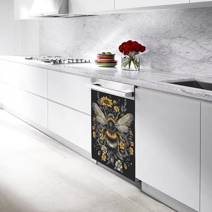 Flower and Bee Painting Dishwasher Magnet Cover Sticekr - Kitchen Decorative Fridge Panel Decal - Kitchen Appliances Decorate Sticker - 23W x 17H inchs